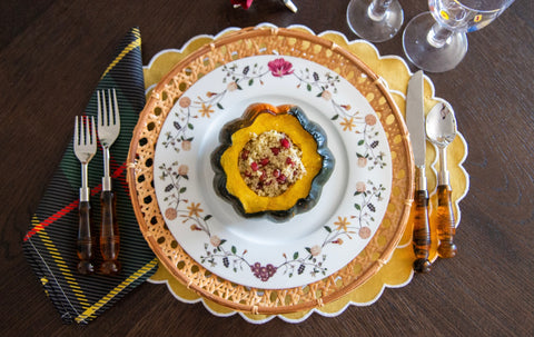 Vegan Gluten-free Couscous with Pomegranates in Acorn Squash Bowl on Elegant Fall Place Setting