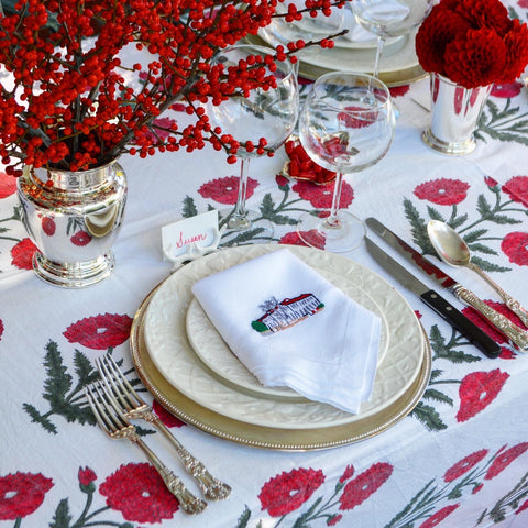 Red Poppy Block Print Tablecloth with Custom Embroidered Linen Napkins