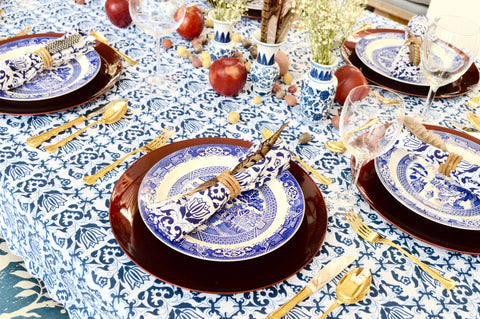 Blue and Burgundy Thanksgiving Table with Feathers