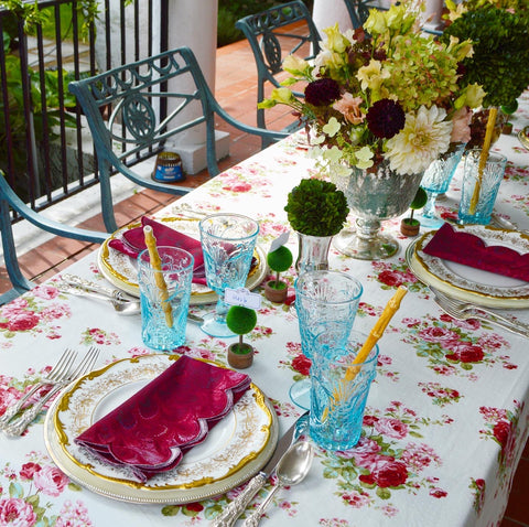 Burgundy, light blue, green, gold table setting for Thanksgiving Rosh Hashanah Fall Holidays