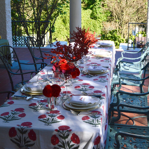 Red Dahlias and Ilex Table Flowers for Fall and Holiday