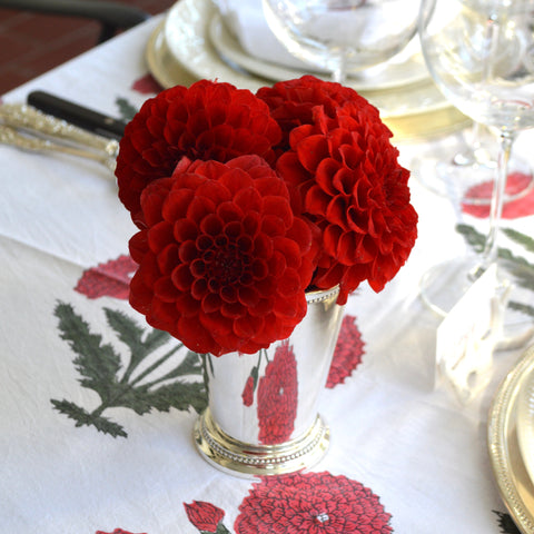 Red Dahlias in Silver Cup with matching tablecloth