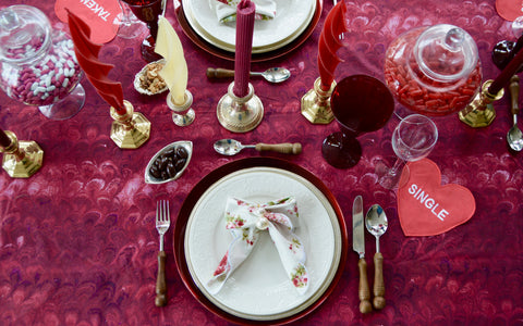 Burgundy Red Pink Valentine's Table with Bow Ribbon candles and candies
