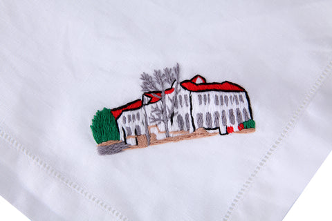 Home Embroidered on White Linen Dinner Napkin