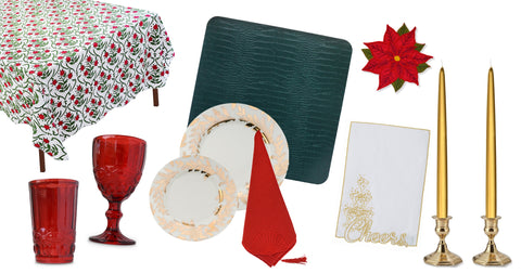 green red gold tableware for Christmas