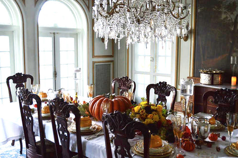 Traditional Thanksgiving Tablescape with Orange Pumpkins