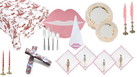 White collage with pink, red, white, gold tableware for Elegant elevated valentine's day edit