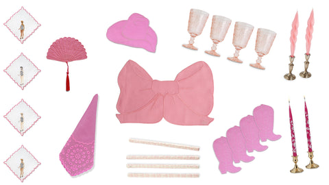 Barbie themed party collage of pink accessories like napkins placemats candles and straws