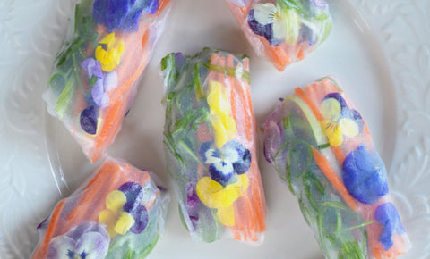 vegetable vegetarian vegan spring rolls with carrots scallions red cabbage and edible flowers