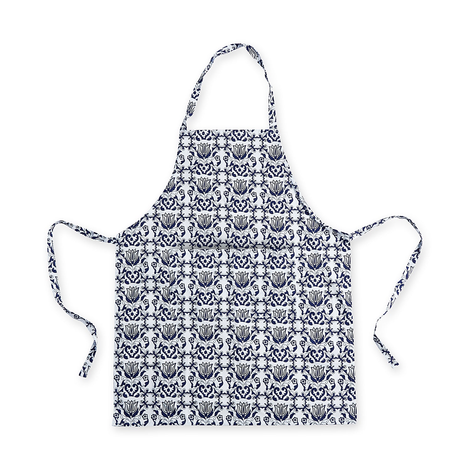 blue and white apron