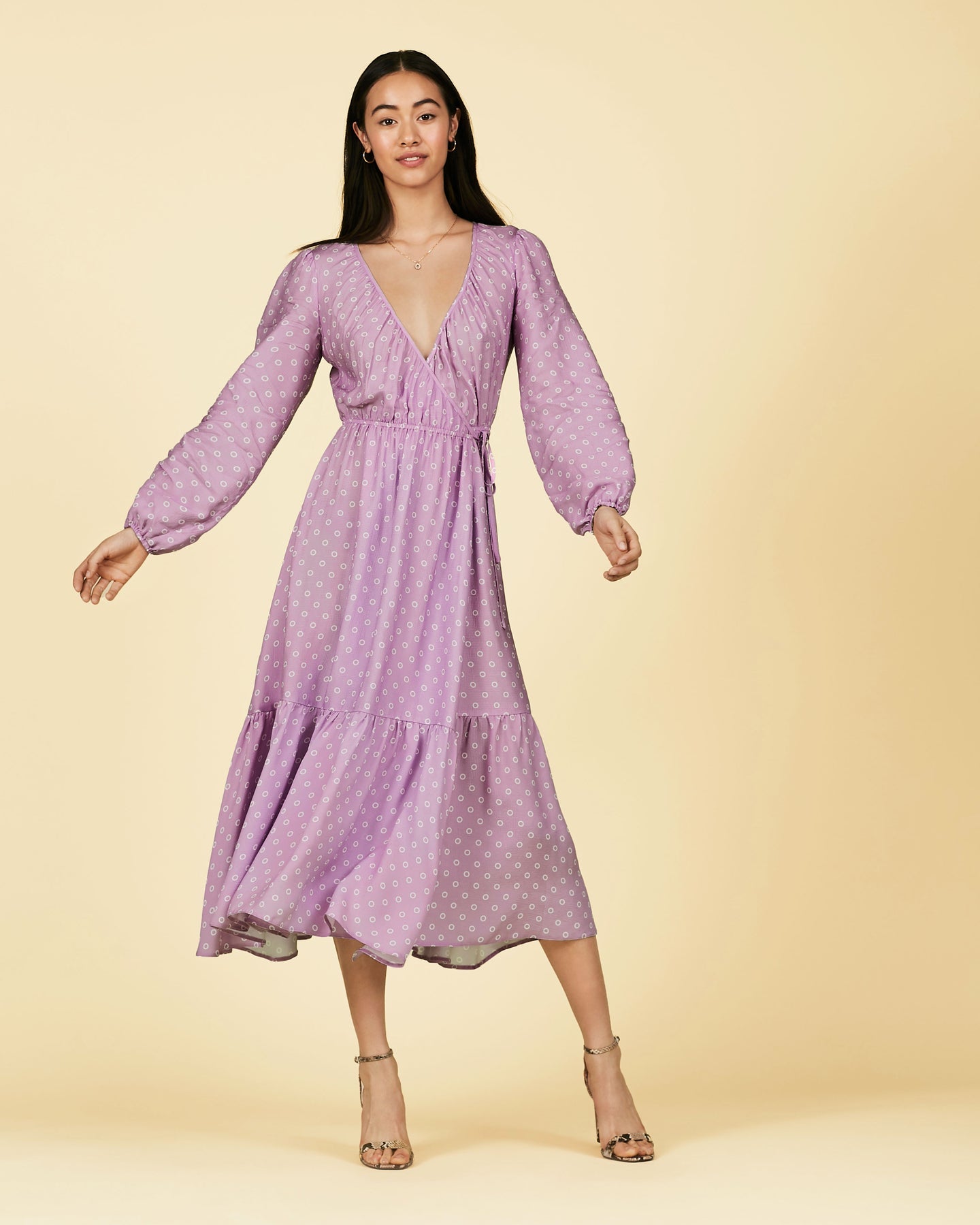 lilac midi dress with sleeves