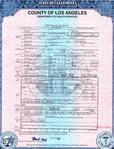 Certificate of death Los Angeles