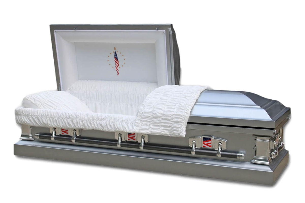 Veterans Stainless Steel Casket in Silver Finish with White Velvet