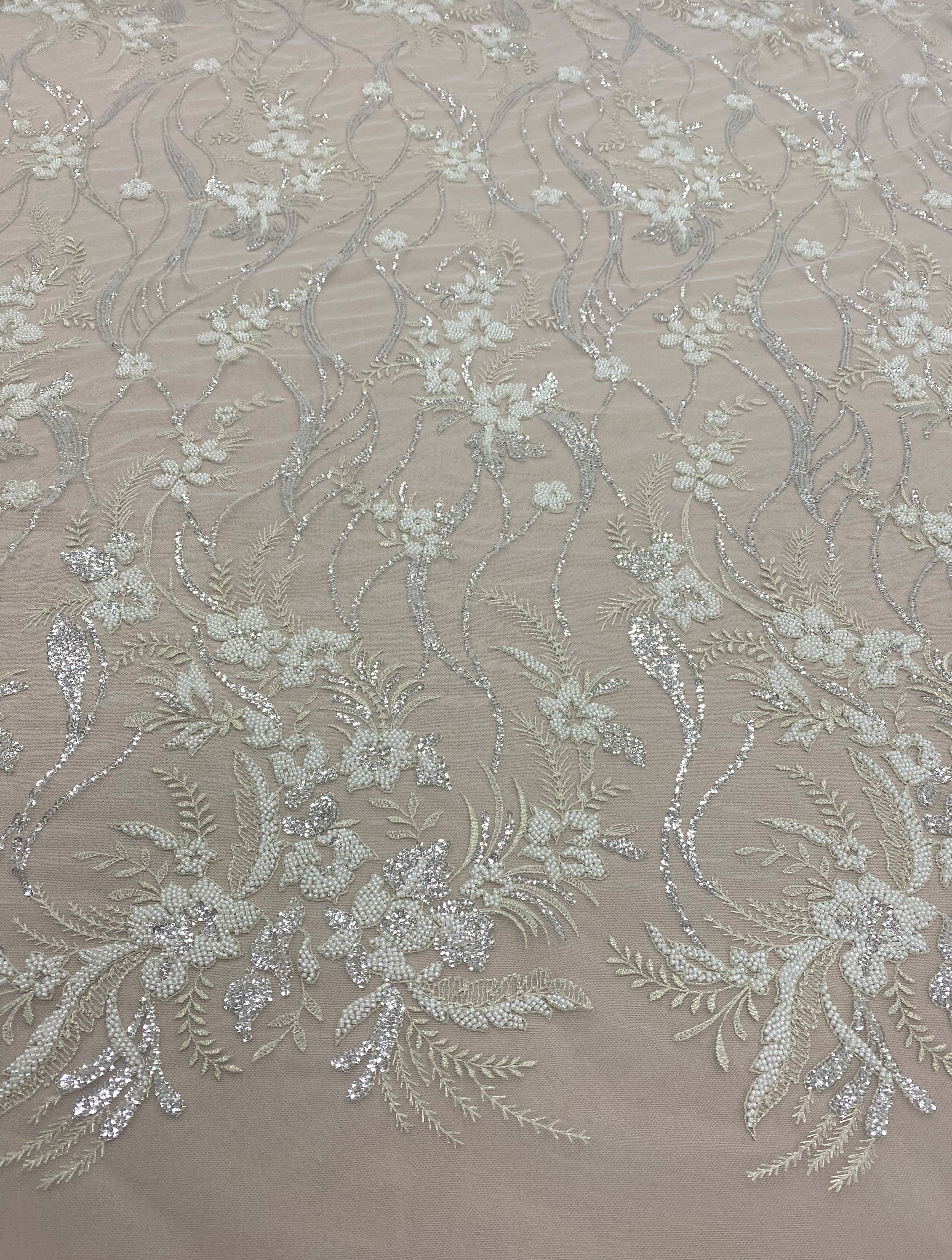 Image of Embellished Floral Tulle (VJ128121) Ivory/ Silver