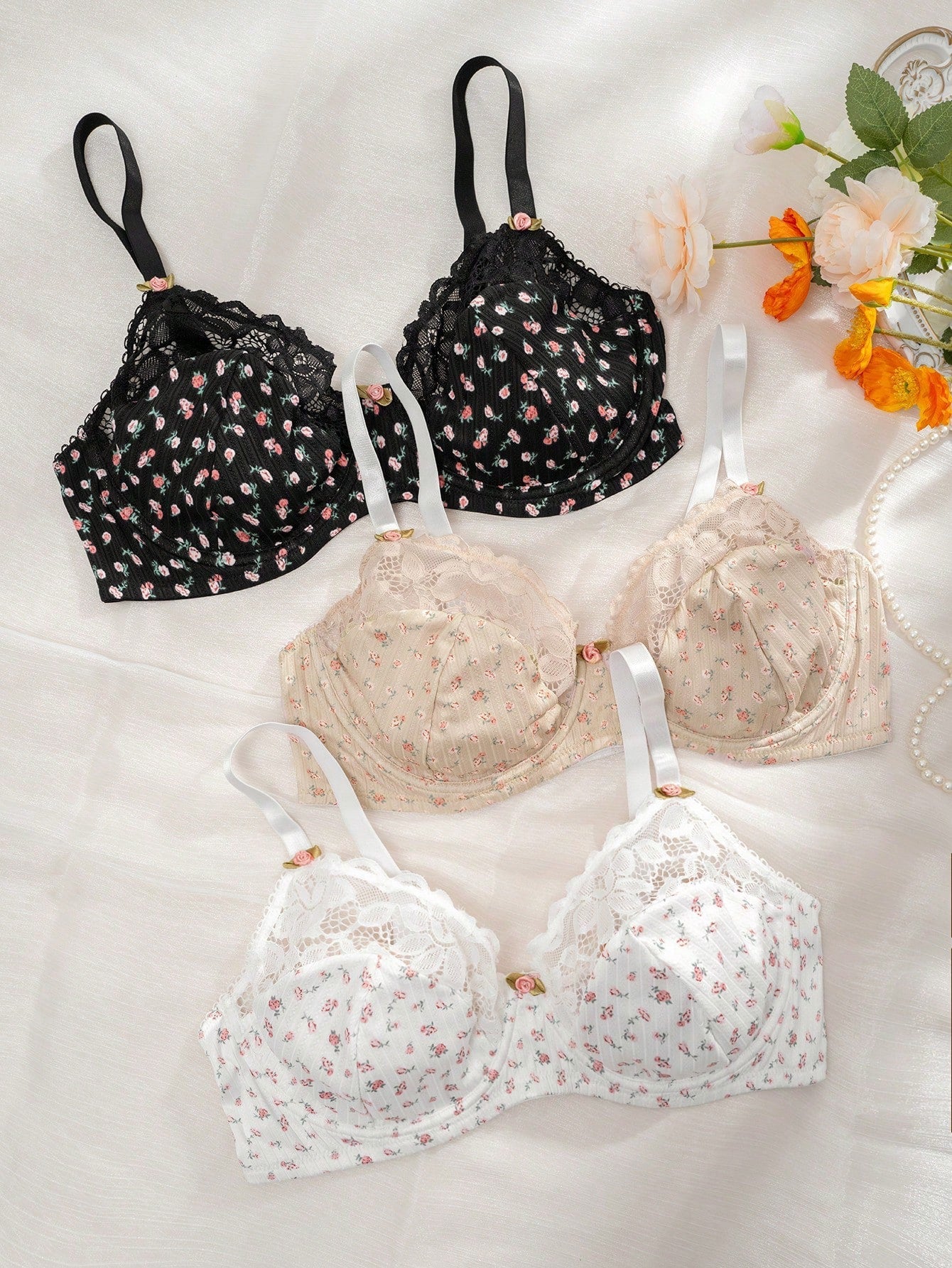 M&S Floral Printed Lace Trim Wired Full Cup Bra, Black, Pink, Size 32D or  40B