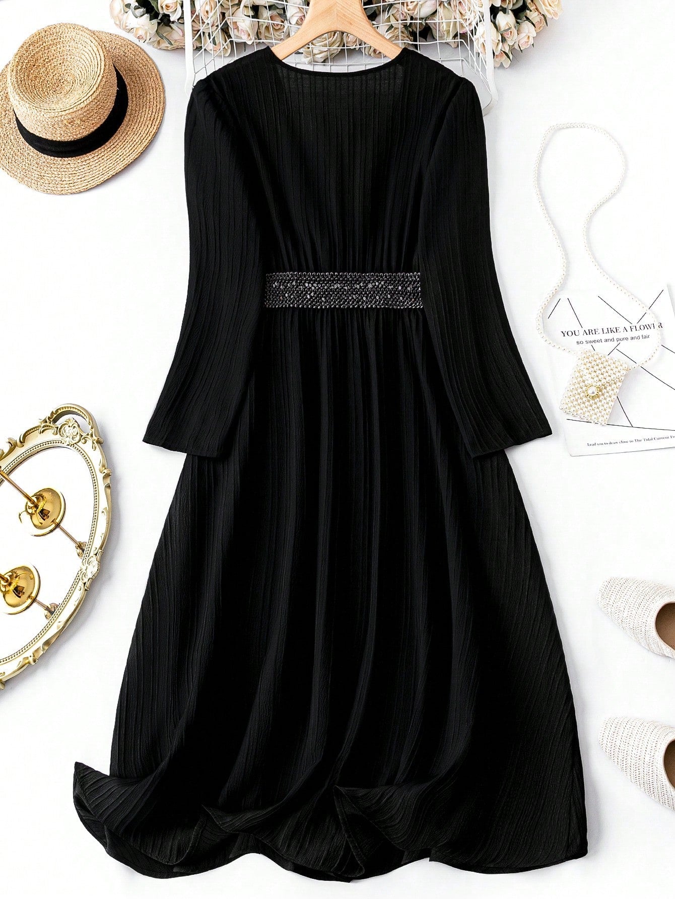 SHEIN Modely Plus Mesh Insert Contrast Lace Lantern Sleeve Formal Dress
