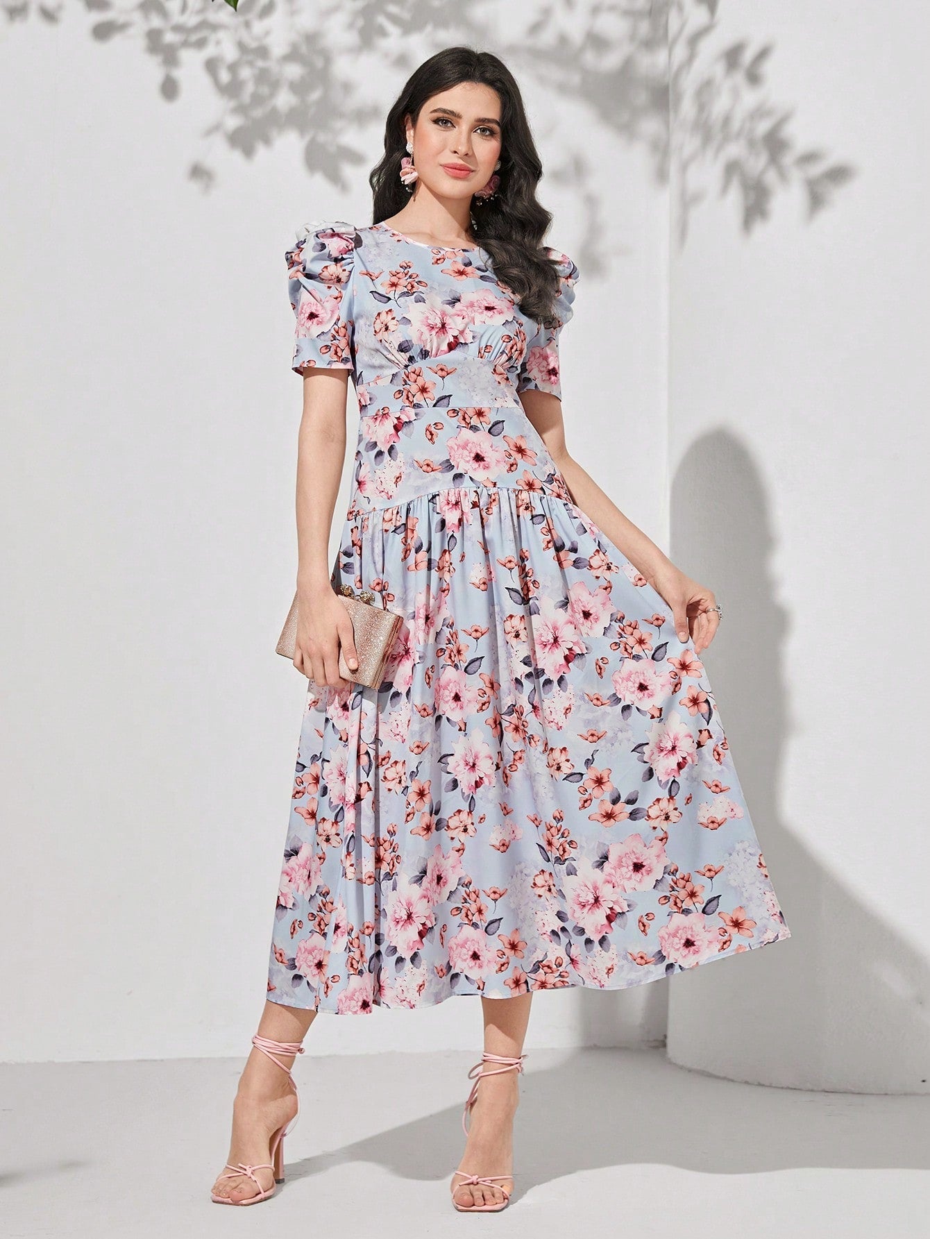 SHEIN CURVE+ Plus Allover Floral Print Puff Sleeve Dress