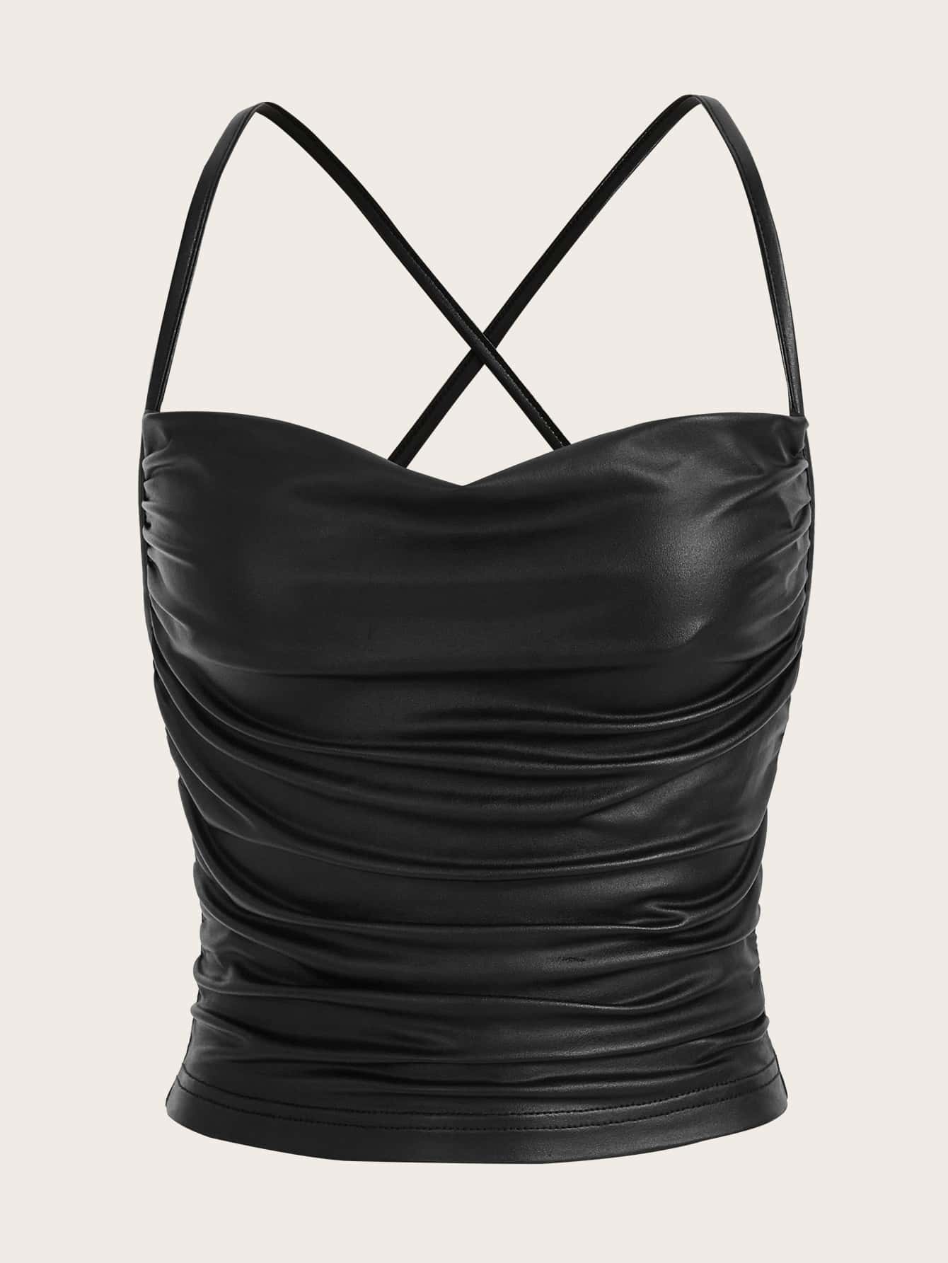 Draped Collar Chain Detail Crisscross Backless Ruched Cami Dress - Negative  Apparel