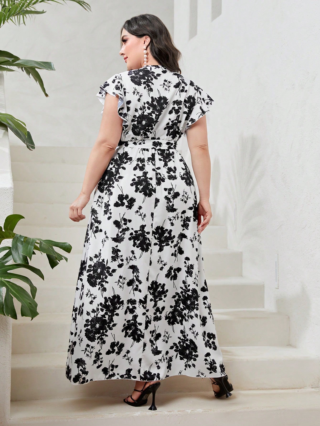 SHEIN Mulvari Plus Floral Print Butterfly Sleeve Belted Maxi Dress