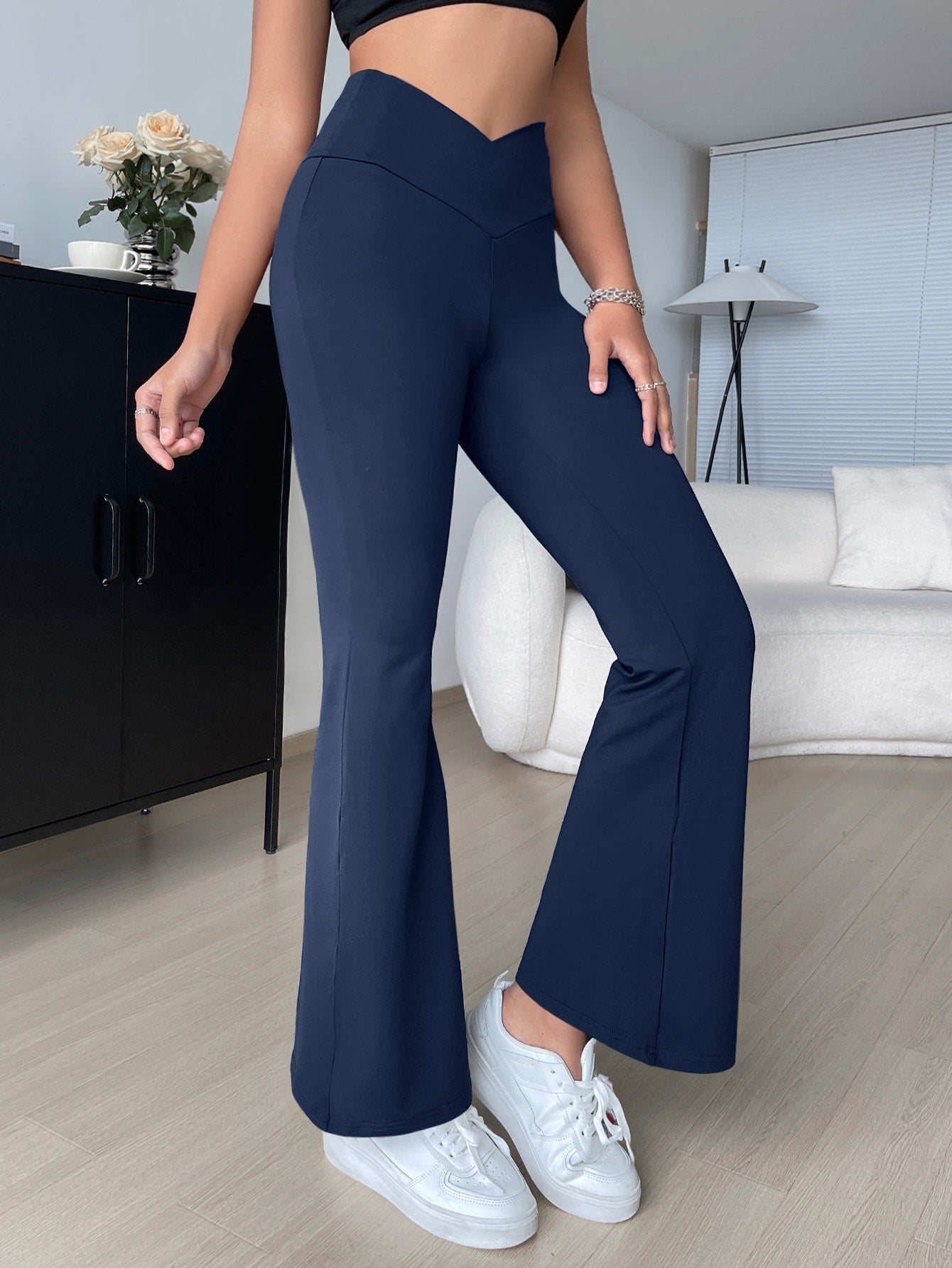 SHEIN Solid Rib Knit Flare Leg Pants - Negative Apparel