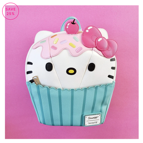 loungefly hello kitty sweet dessert cupcake mini backpack on pink background