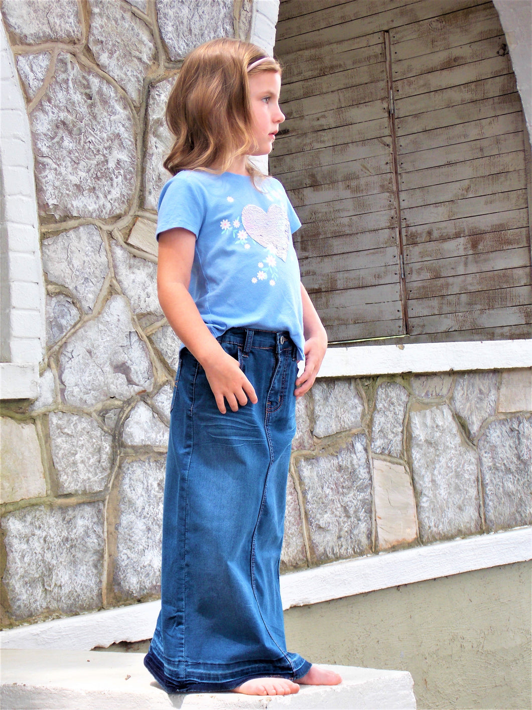 girls long denim skirt