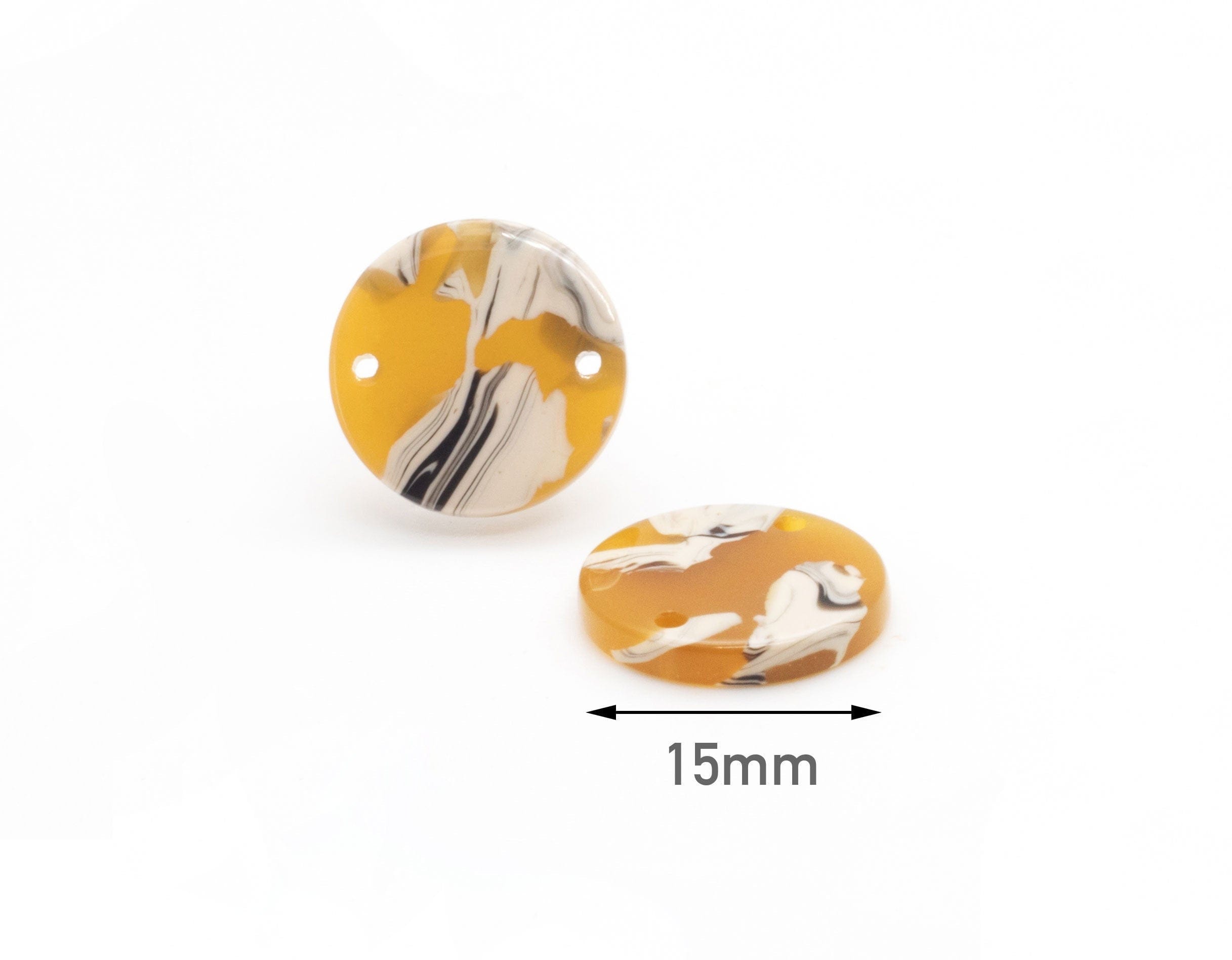 4 Round Disc Connectors, 2 Holes, Sunflower Yellow Tortoise Shell, Cellulose Acetate, 15mm