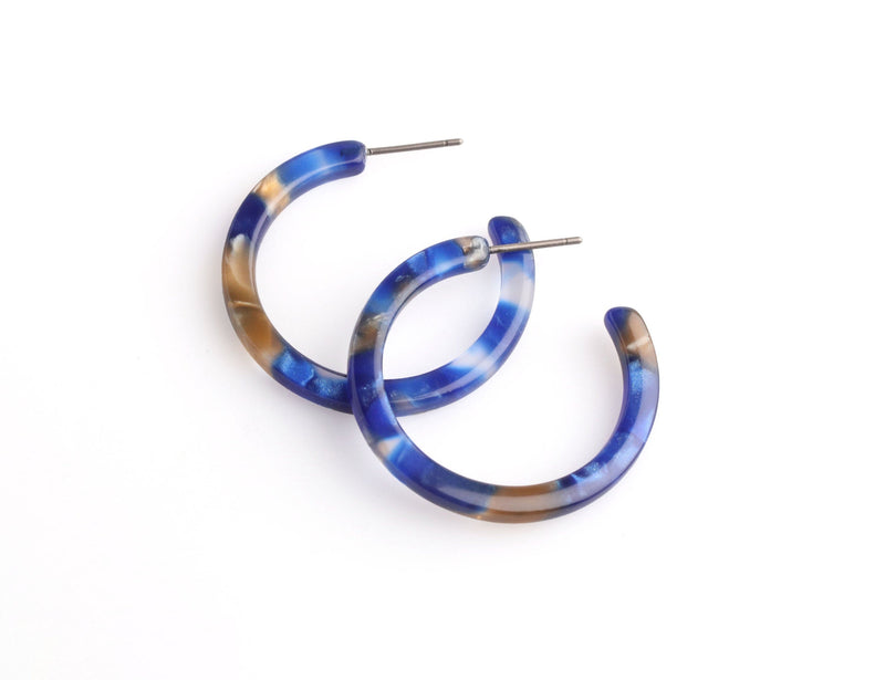 Sapphire Blue Hoop Earring Findings, 1 Pair, Pacific Blue Tortoise Shell Hoops, Flat Thin Hoops, DIY Earring Making Supplies, EAR089-30-BY