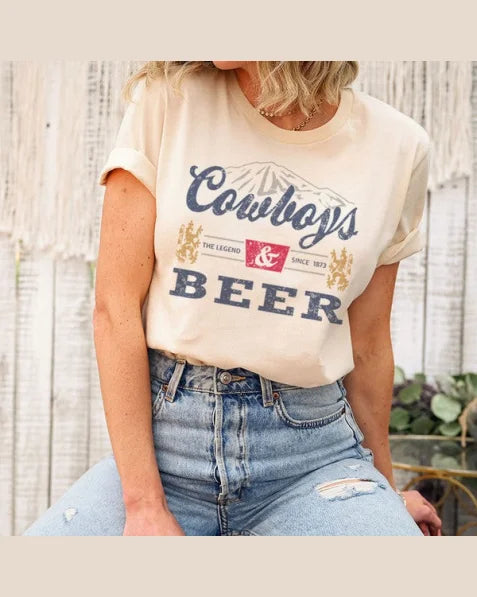 Cowboys & Beer Graphic Top-Shirts & Tops-Mangosteen-Small-Soft Cream-cmglovesyou