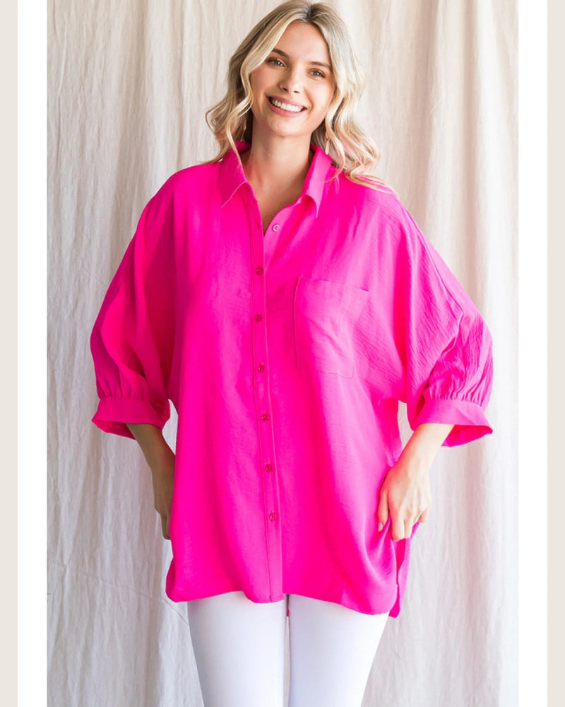 Solid Button Up Top-Tops-Jodifl-Small-Hot Pink-cmglovesyou