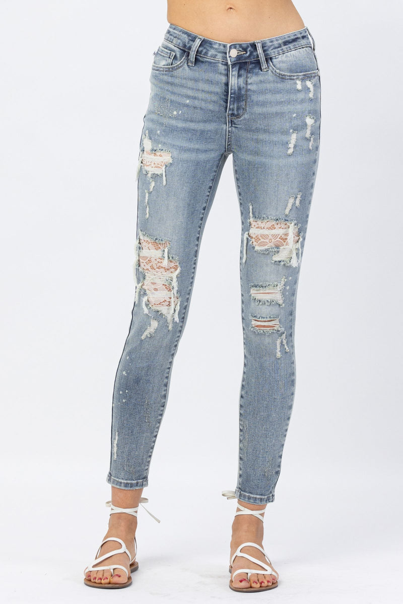 Mid-Rise Lace Patch Skinny Jeans-Pants-Judy Blue-0-Light Denim-cmglovesyou