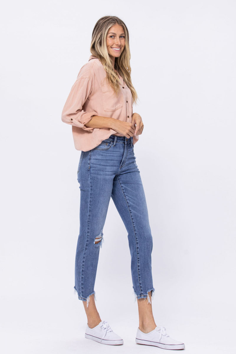 Mid-Rise Destructed Hem Jeans-bottoms-Judy Blue-0(24)-cmglovesyou