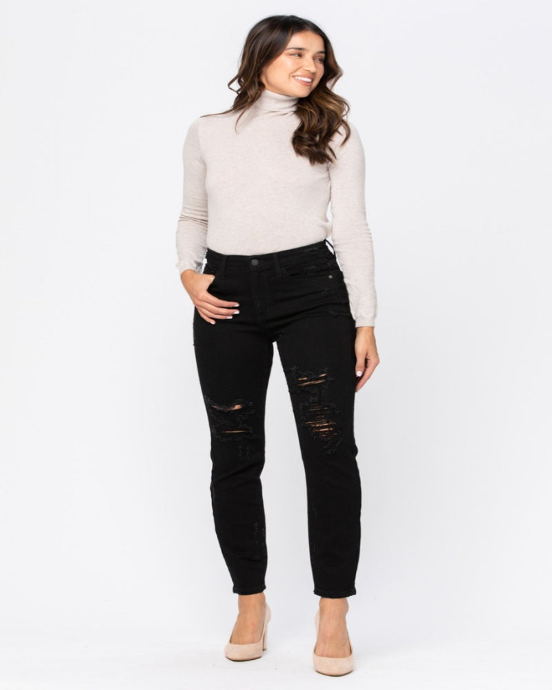 Black Destroyed Boyfriend Jeans-bottoms-Judy Blue-26-Black-cmglovesyou