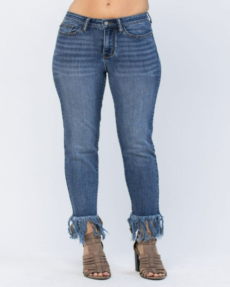 High Waist Relaxed Fit With Hem Fray-bottoms-Judy Blue-27-Dark Denim-cmglovesyou