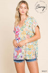 Floral Print V-Neck Top-Tops-Cotton Bleu by NU LABEL-Small-Fuchsia Combo-cmglovesyou