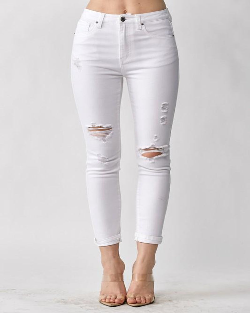 Distressed White Skinny Pants-bottoms-Risen Jeans-25-White-cmglovesyou