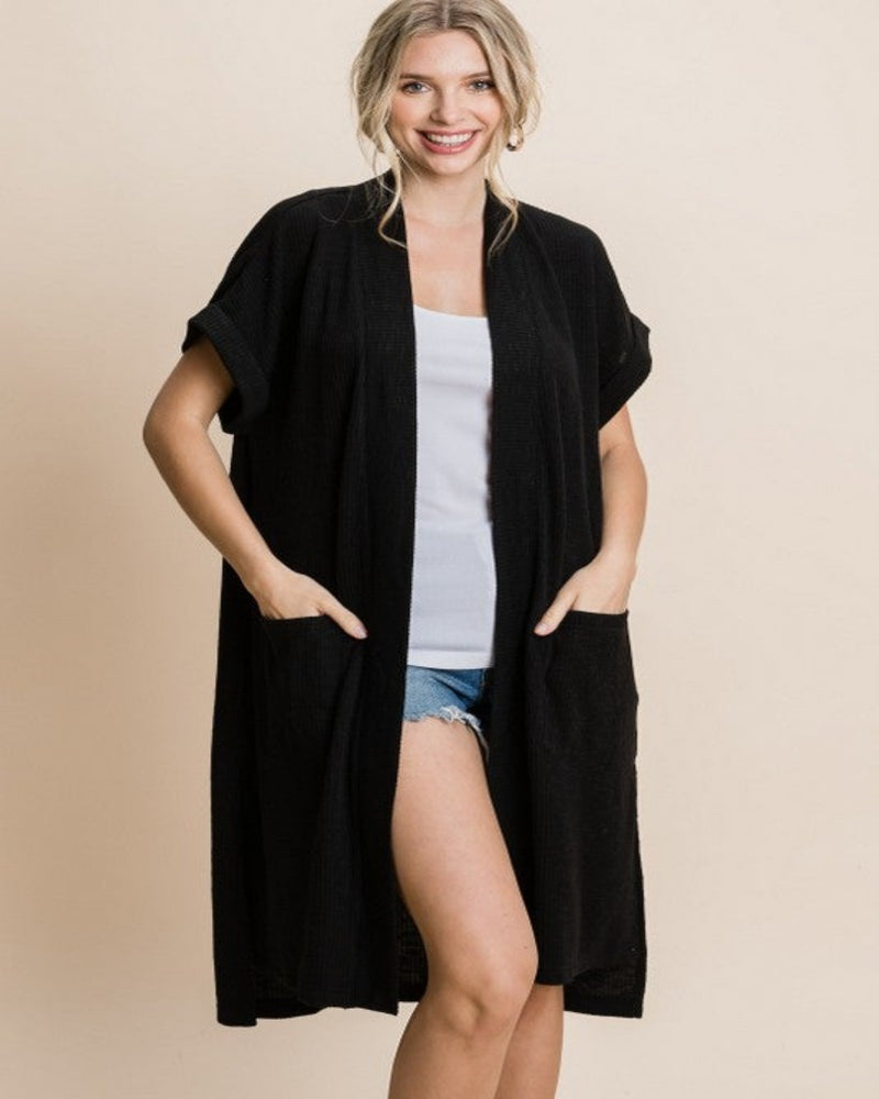 Solid Ribbed Short Sleeve Cardigan-Cardigans-Jodifl-Small-Black-cmglovesyou