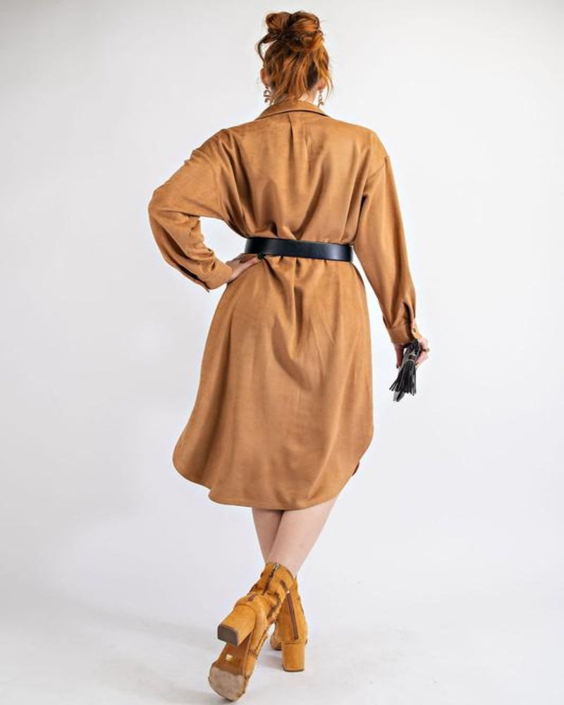 Faux Suede Button Down Shirt-Dresses-Easel-Small-Camel-cmglovesyou