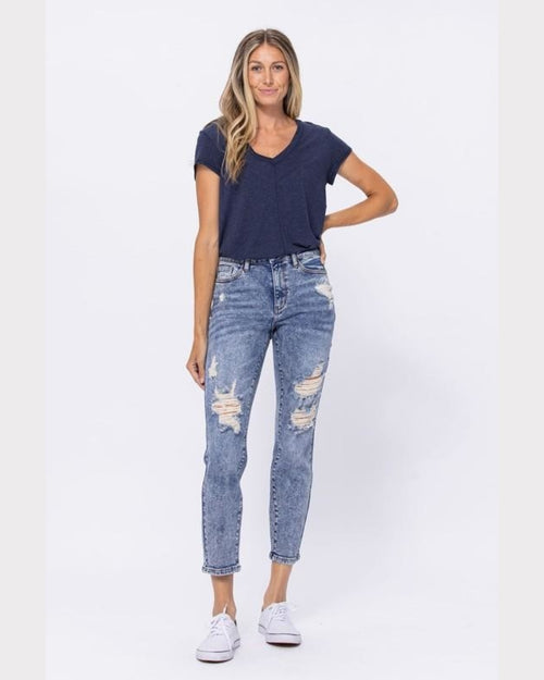 Acid Wash Destroyed Boyfriend Jeans-bottoms-Judy Blue-25-MD-cmglovesyou