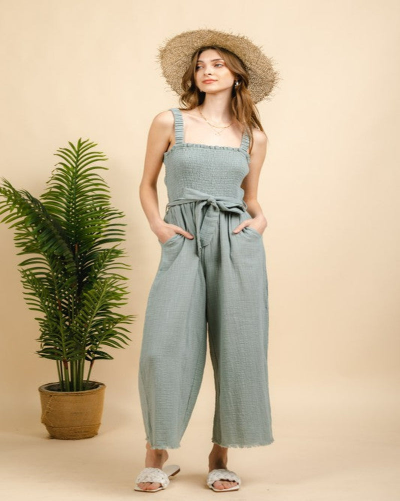 Soft Cotton Smocked Detail Jumpsuit-jumpsuit-Very J-Small-Ocean-cmglovesyou
