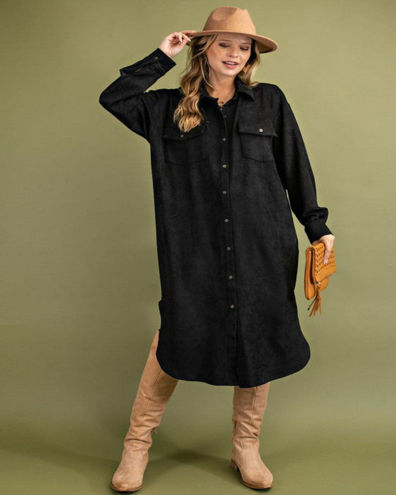 Faux Suede Button Down Shirt-Dresses-Easel-Small-Black-cmglovesyou
