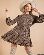 Animal Print Balloon Sleeve Dress-Dresses-Kori America-Small-Camel Combo-cmglovesyou