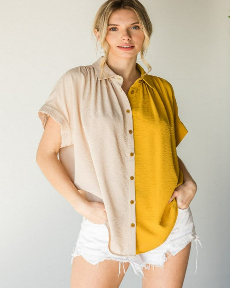 Color Block Button-Up Top-Shirts & Tops-Jodifl-Small-Oatmeal/Mustard-cmglovesyou