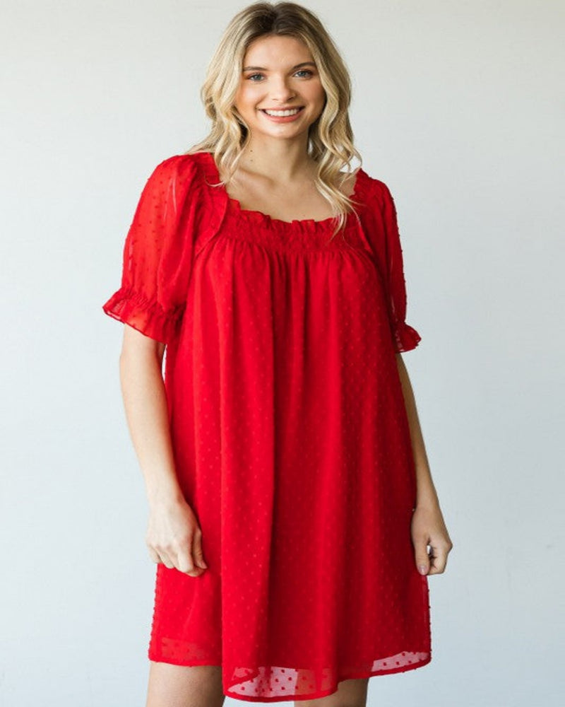 Swiss Dot Pattern Bubble Sleeve Dress-Dresses-Jodifl-Small-Tomato Red-cmglovesyou