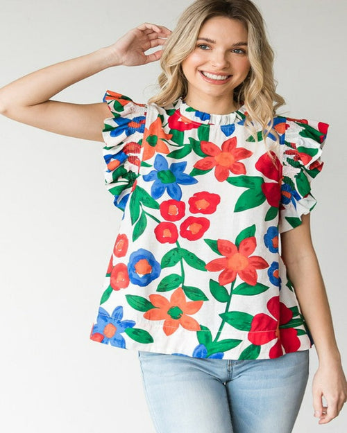 Floral Print Ruffle Cap Sleeve Top-Tops-Jodifl-Small-White-cmglovesyou