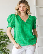 Checkered Burnout Puff Sleeve Top-Tops-Jodifl-Small-Green-cmglovesyou