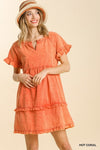 Split Neck Ruffle Sleeve Dress-Dresses-Umgee-Small-Hot Coral-cmglovesyou