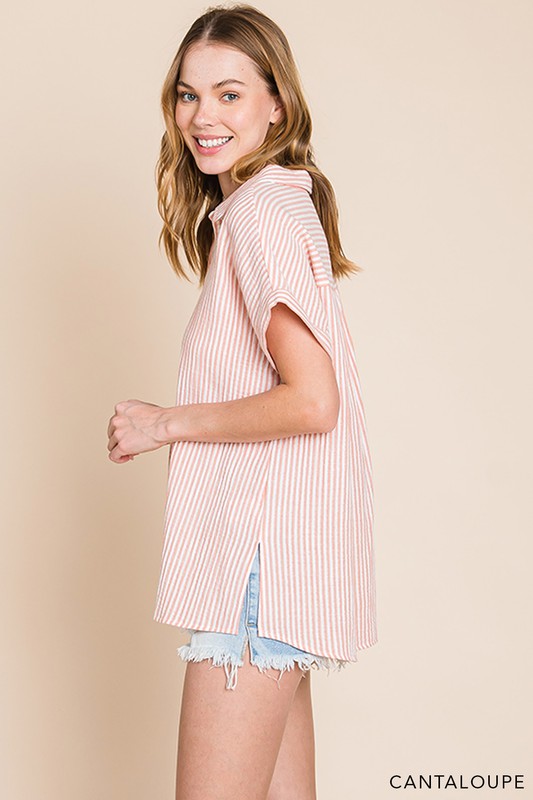 Stripe Pull Over Shirt-Shirts & Tops-Cotton Bleu by NU LABEL-Small-Cantaloupe-cmglovesyou