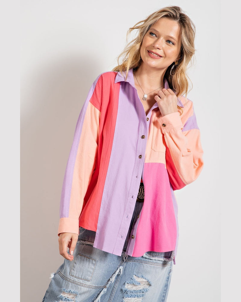 Color Block Button Down Shirt-Shirts & Tops-Easel-Small-Rose Grey-cmglovesyou