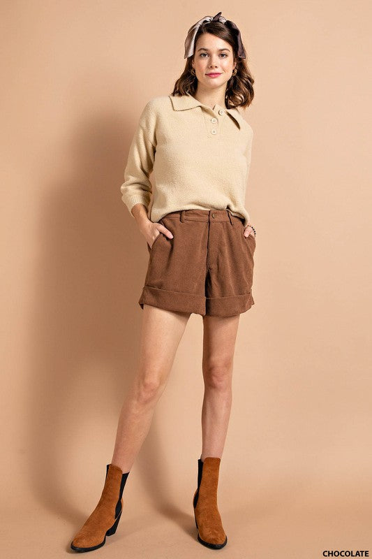 Corduroy Cuff Leg Shorts-Shorts-Kori America-Small-Chocolate-cmglovesyou